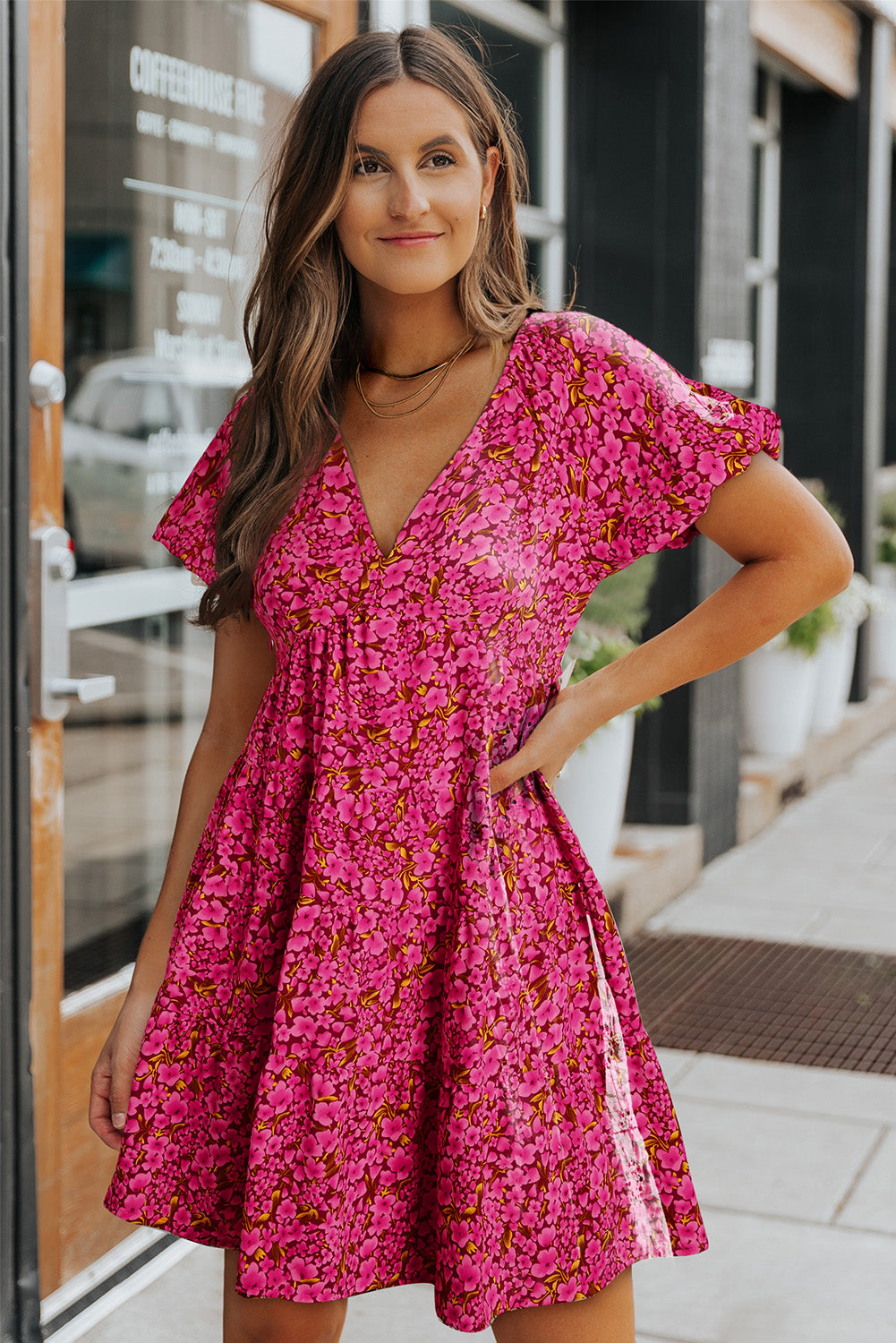 Floral Print Tiered Flutter Sleeve V Neck Top