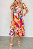 Abstract Print Square Neck Flowy Midi Dress