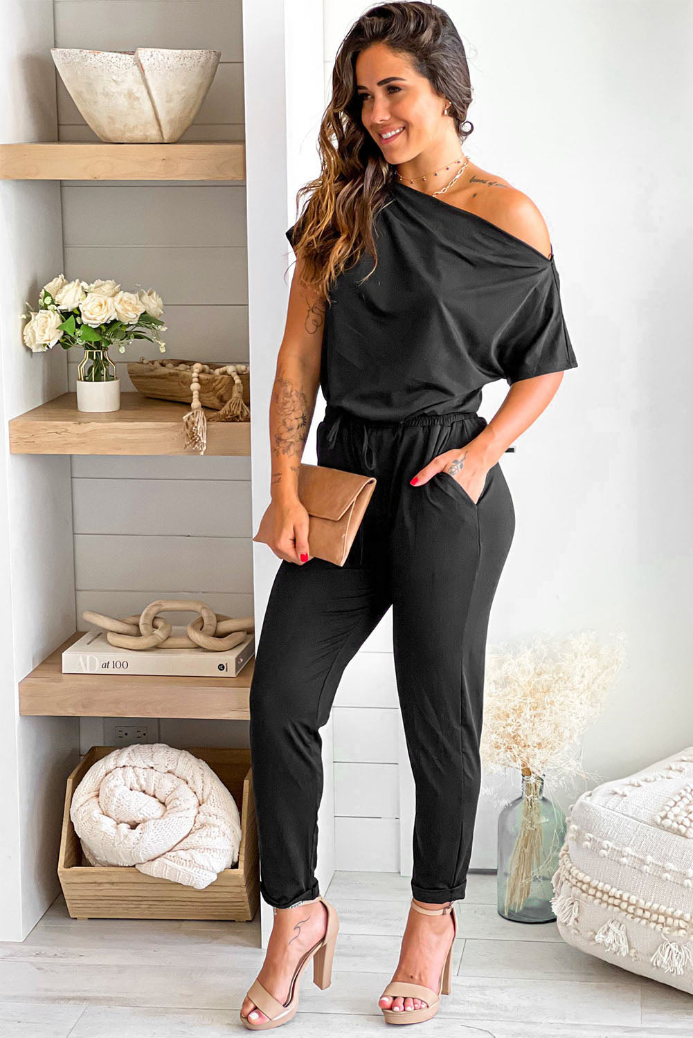 Tie Waist Short Sleeve Tapered Jumpsuit