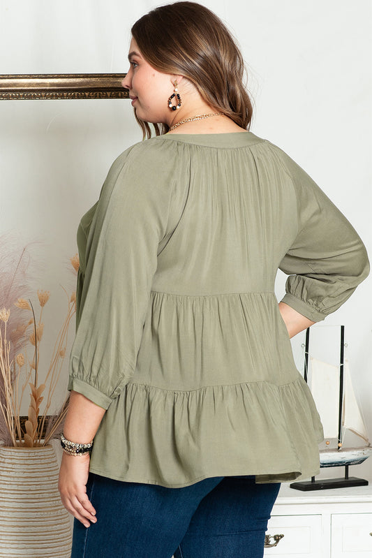 Plus Size Ruffle Tiered Split Neck Shirt