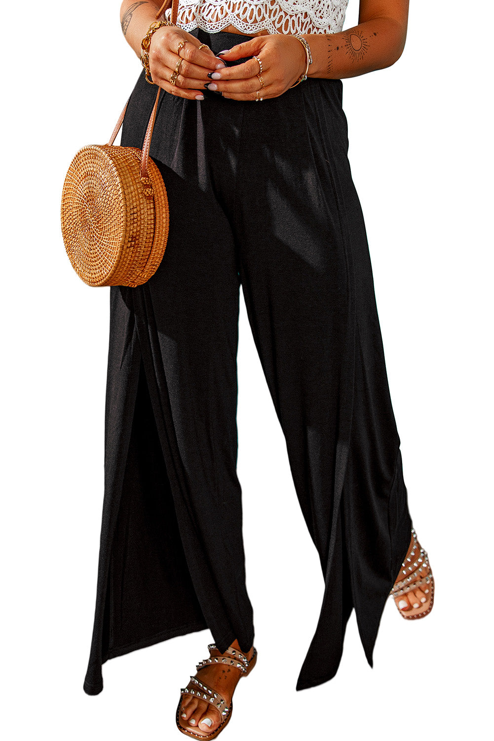 Side Slit Wide Leg Mid Waist Pants