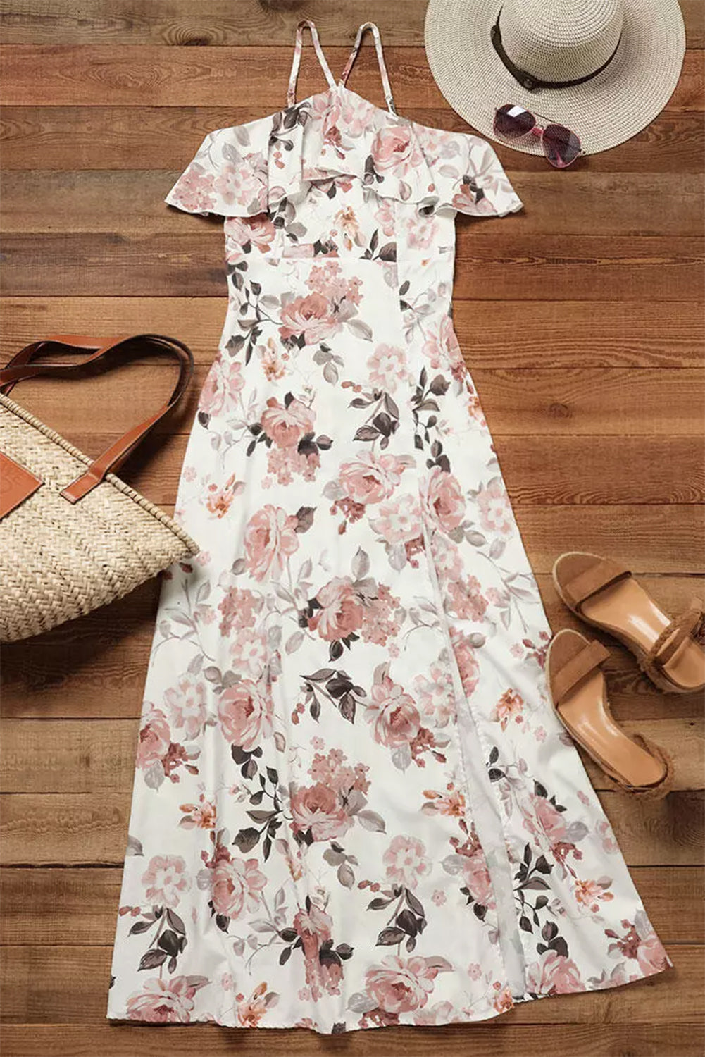 Floral Slit Ruffled Halterneck Maxi Dress