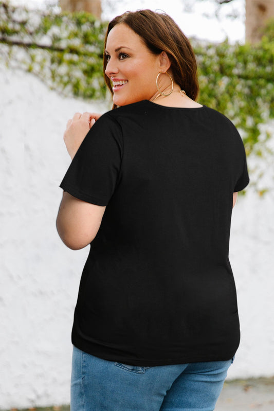 Sequin Trim V Neck Chest Pocket Plus Size Tee