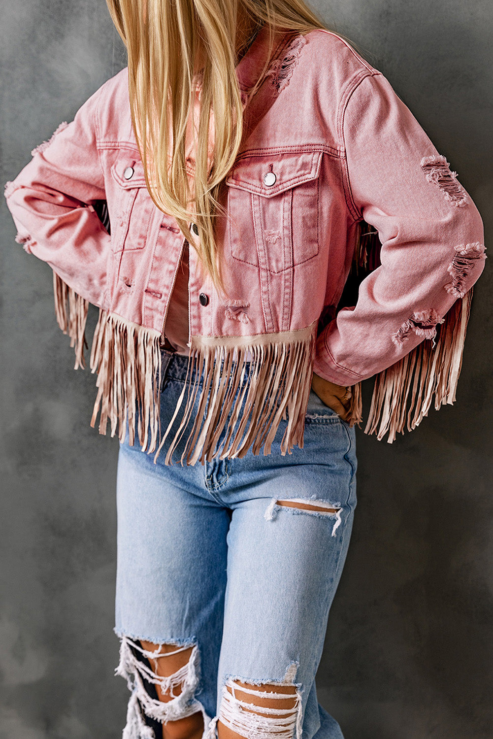 Distressed Fringed Cropped Denim Jacket