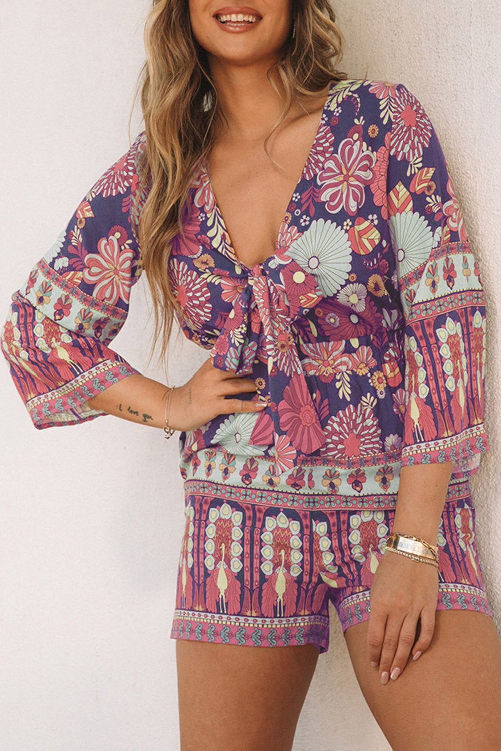 Vintage Printed 3/4 Sleeves V Neck Romper