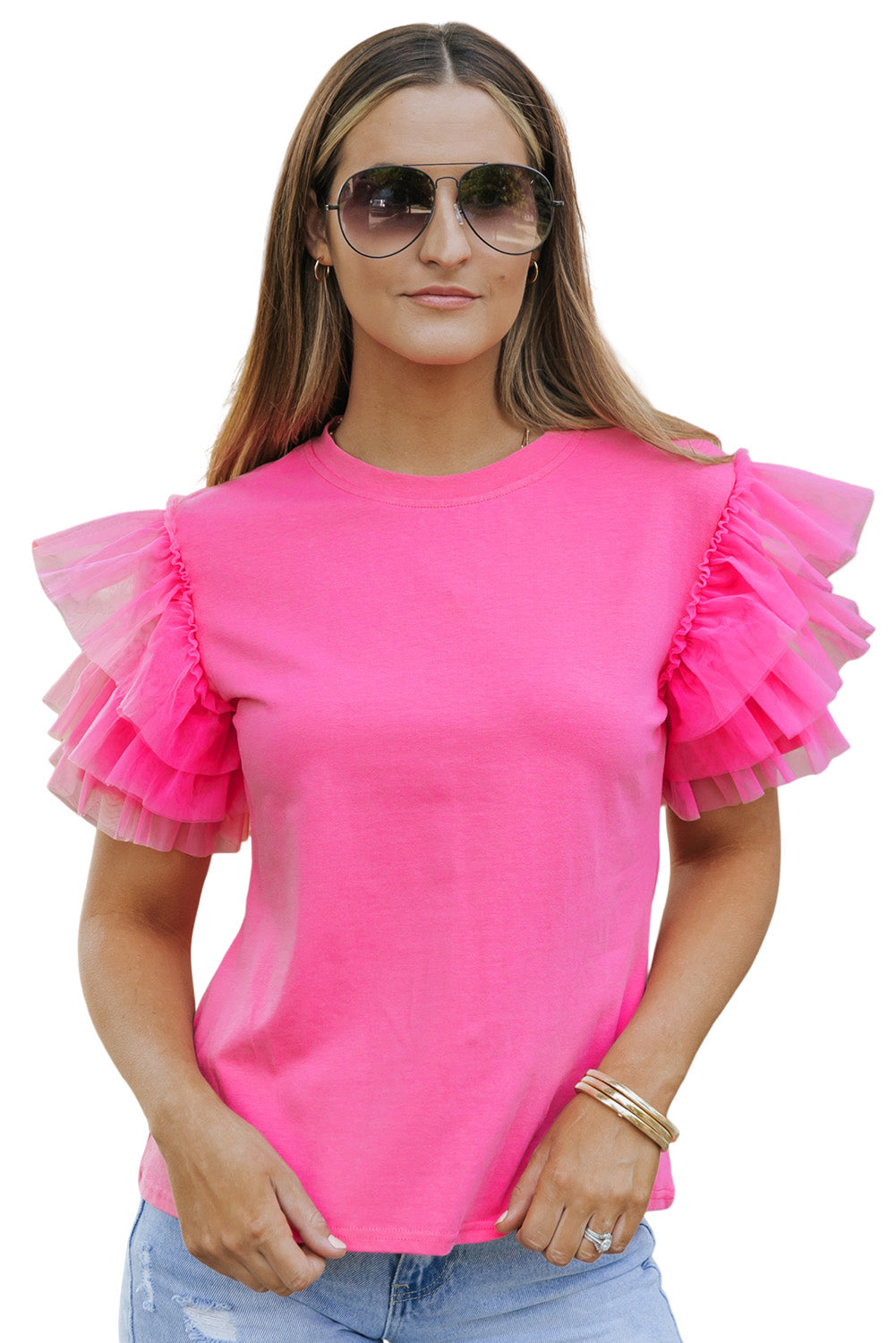 Tulle Ruffle Sleeve Top