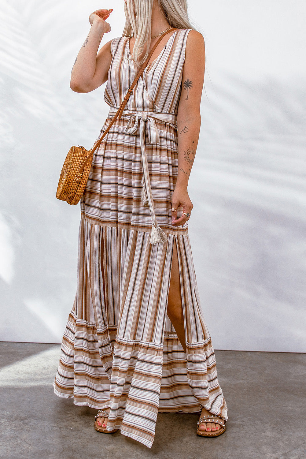 Striped V Neck Sleeveless Maxi Dress with Tie