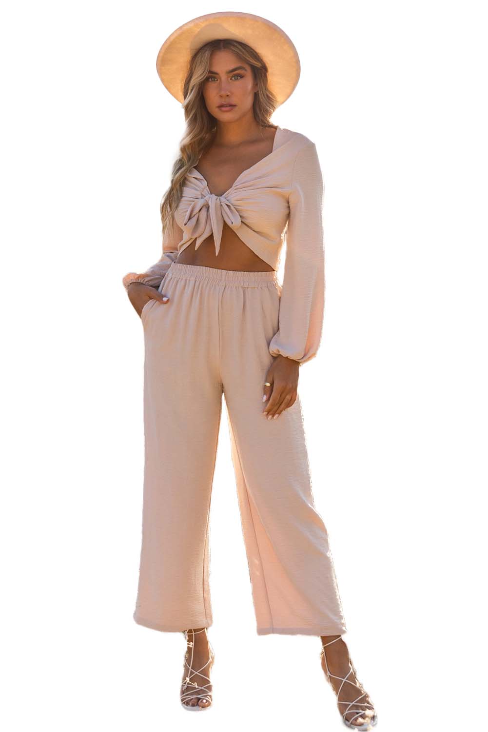 Puff Sleeve Knotted Crop Top and Cropped Pants Set