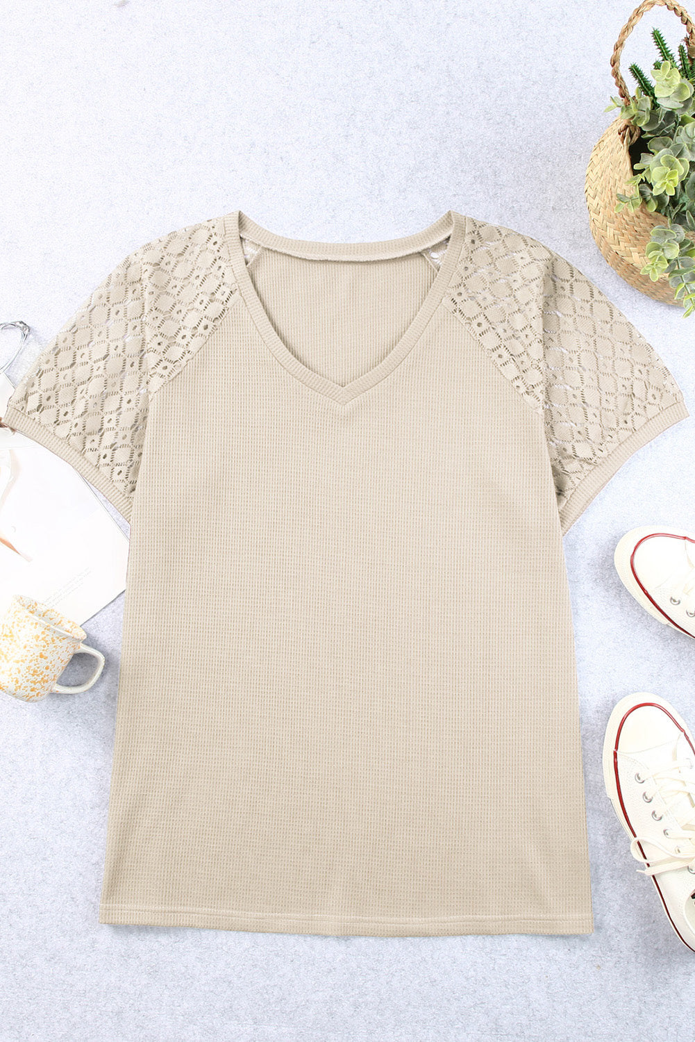 Lace Short Sleeve Plus Size Waffle Top