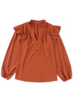 Blouse orange plissée à volants et boutonnée à col en V