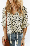 Leopard Print Frilled Half Sleeve Blouse with Tassel Tie