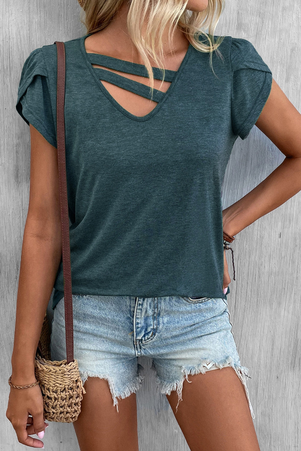 Strappy V Neck Overlap Short Sleeve Top