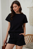 Black Textured Loose Fit T Shirt and Drawstring Pants Set