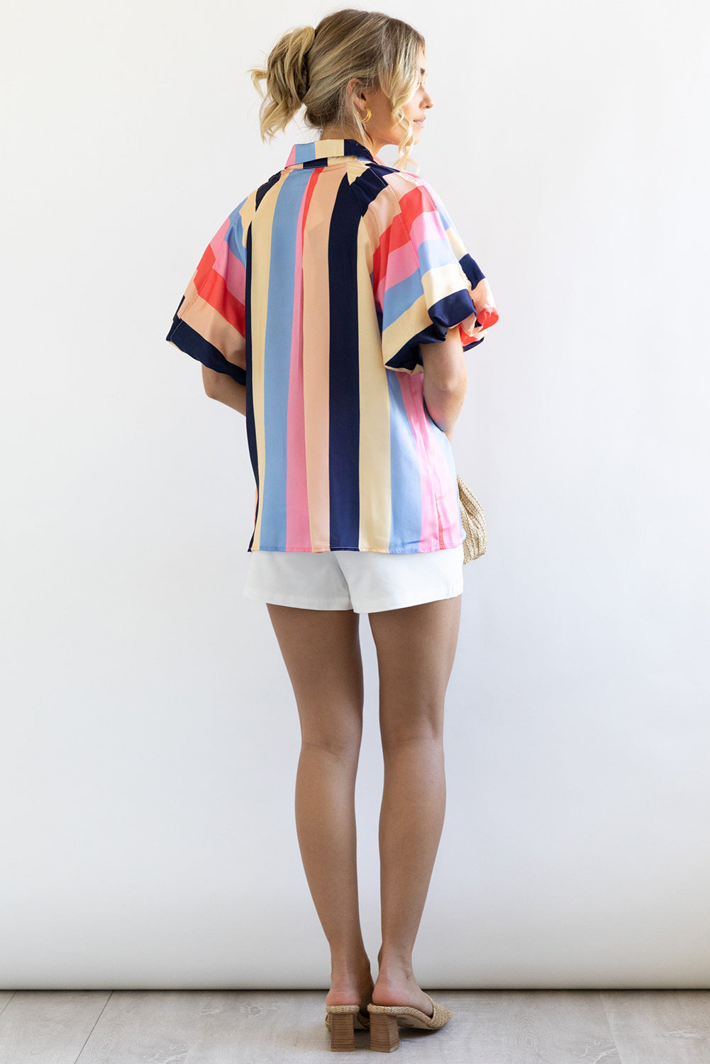 Color Block Striped Puff Sleeve Buttoned Shirt