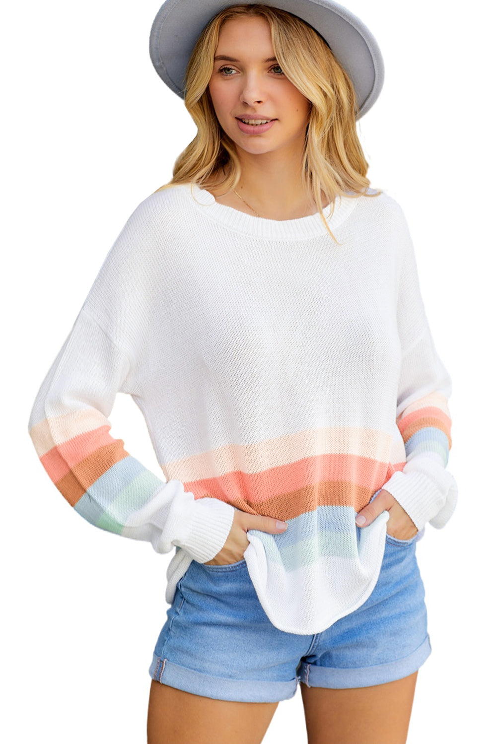 Ribbed Round Neck Striped Sweater