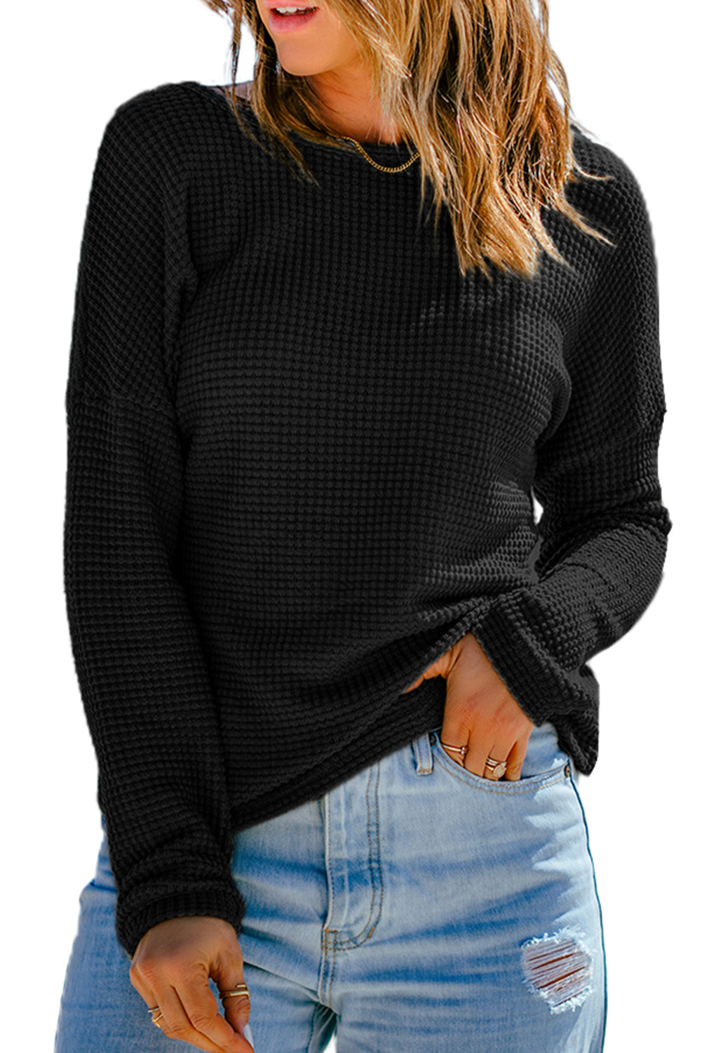 Green Waffle Knit Drop Shoulder Long Sleeve Top