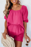 Bright Pink Crinkled Textured Square Neck Puff Sleeve and Shorts Set