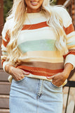 Crew Neck Drop-shoulder Striped Color Block Sweater