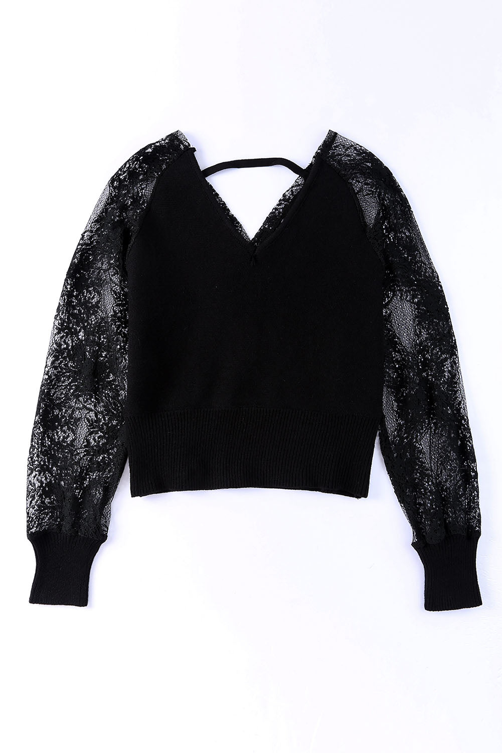 V-Neck Lace Sleeve Pullover Sweater