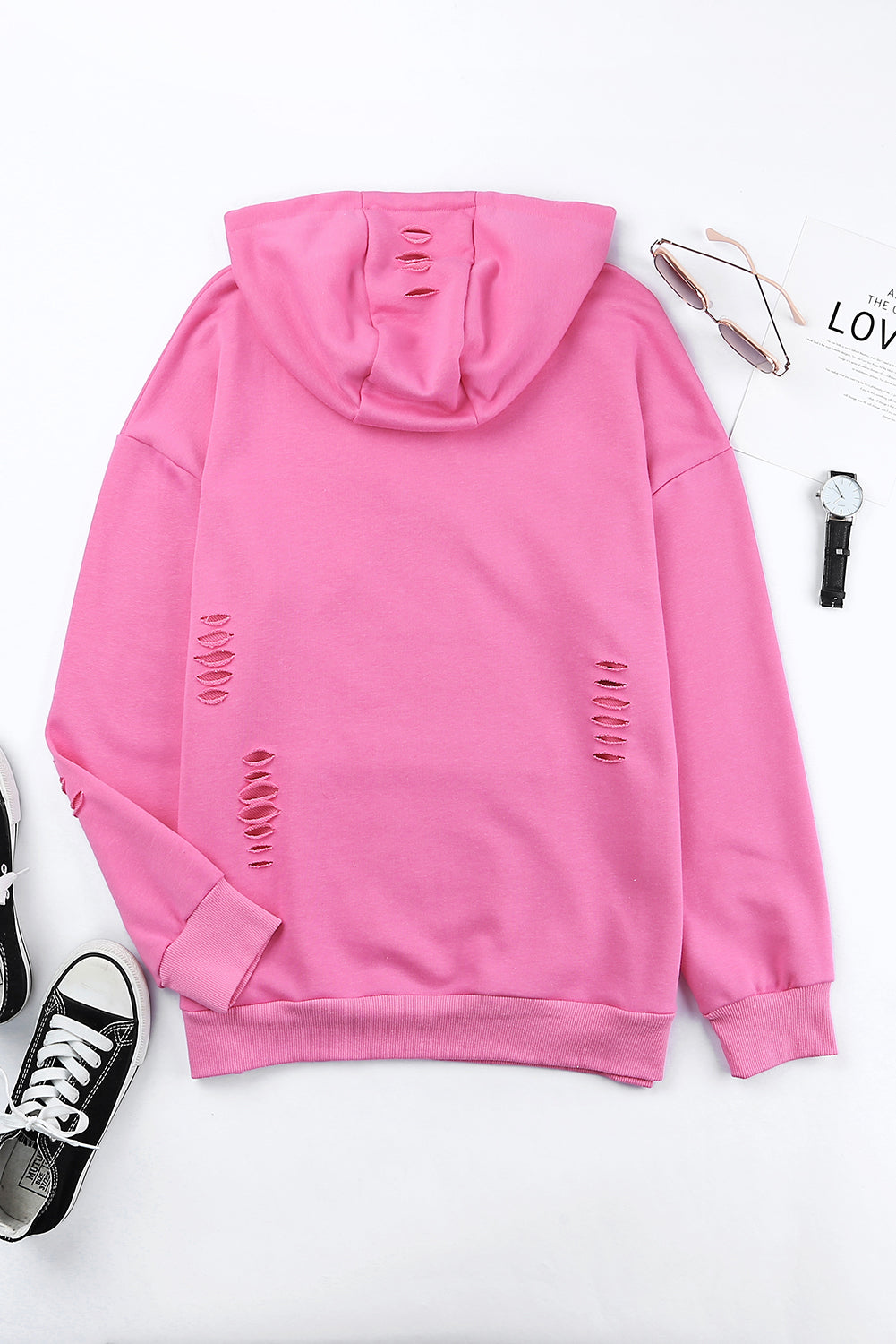 Sweat à capuche déchiré uni rose avec poche kangourou