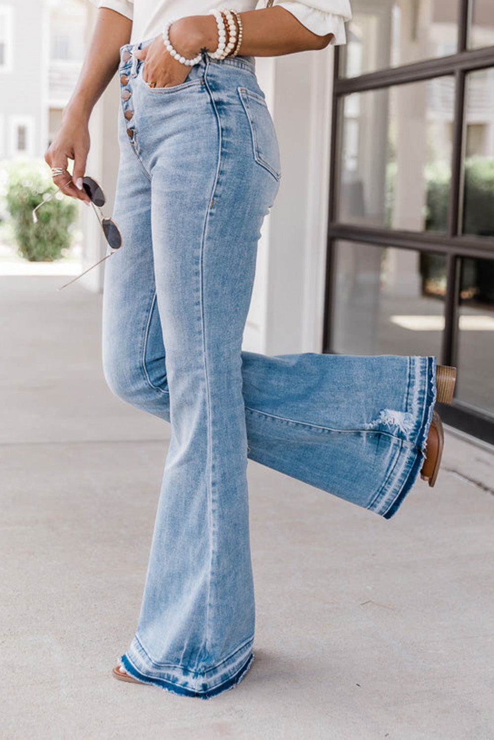 High Waist Buttoned Distressed Flared Jeans