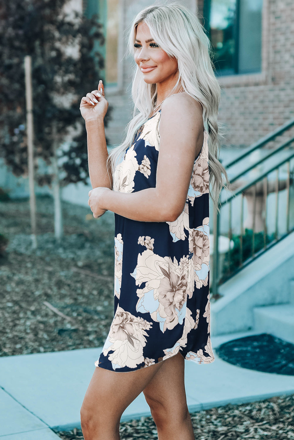 Blooming Peony Print Navy Sleeveless Dress