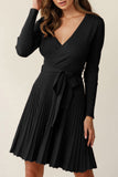 Belted V Neck Ribbed Pleated Sweater Dress