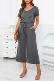 Drawstring Waist Short Sleeve Wide Leg Jumpsuit