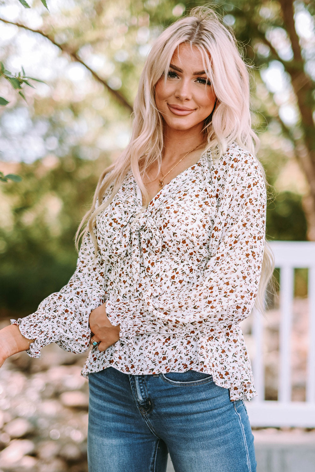 Floral Print Front Tie Ruffled Long Sleeve Blouse