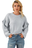 Gray Pearl Embellished Ruffle Wide Sleeve Sweater