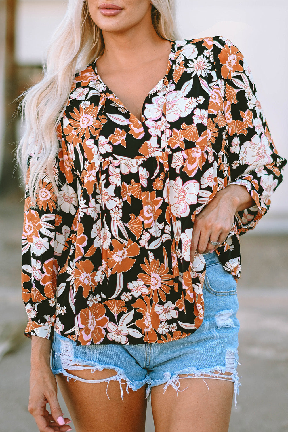 Floral Print 3/4 Sleeve Babydoll Blouse