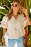 Tassel Drawstring Embroidered Half Sleeve V Neck Top