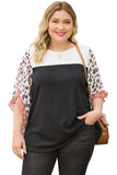 Black Waffle Knit Animal Print Ruffle Sleeves Plus Size Top