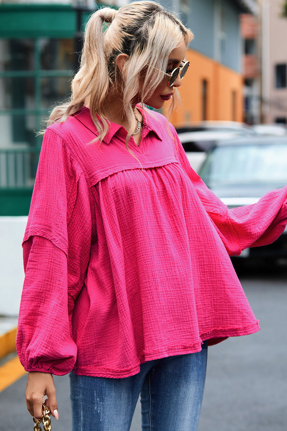 Crinkle Collared V-Neck Bubble Sleeve Flowy Blouse