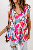 Abstract Print V Neck Ruffled Tank