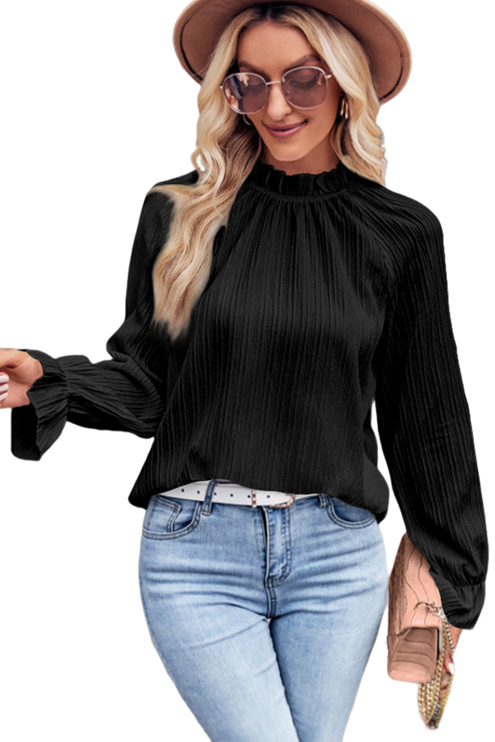 Frilled Mock Neck Ripple Bubble Sleeve Blouse