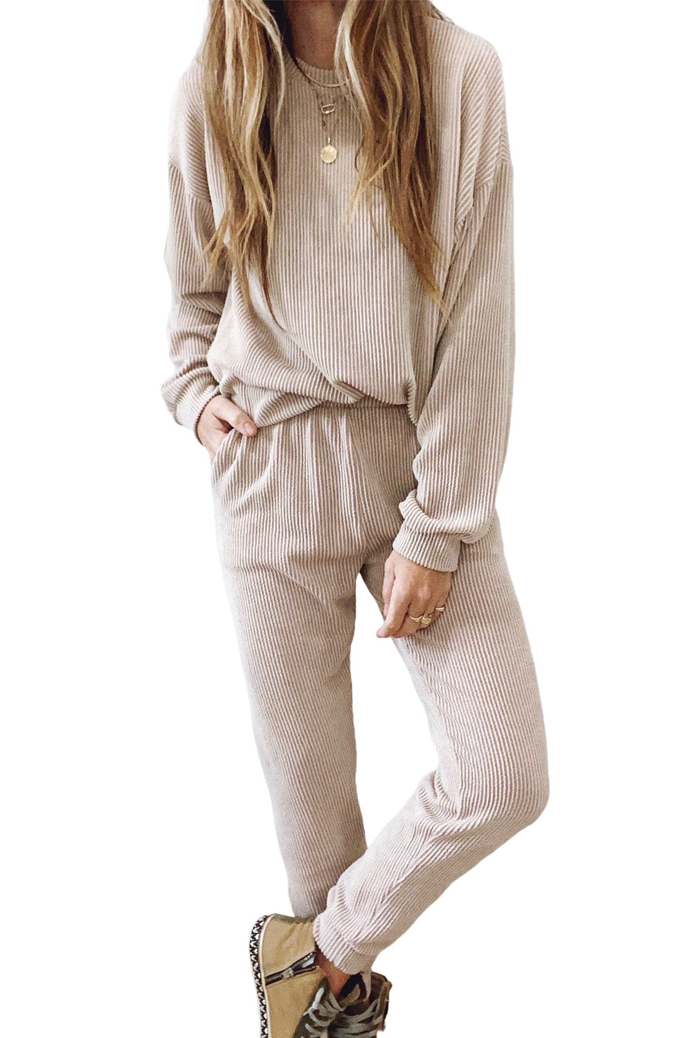 Pocketed Drop Shoulder Corded Sweat Suit