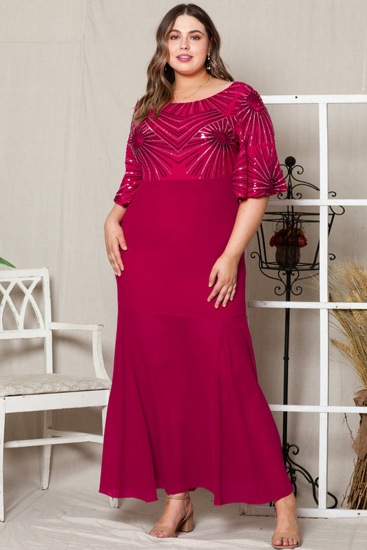 Sequin Mesh Open Back Plus Size Maxi Dress