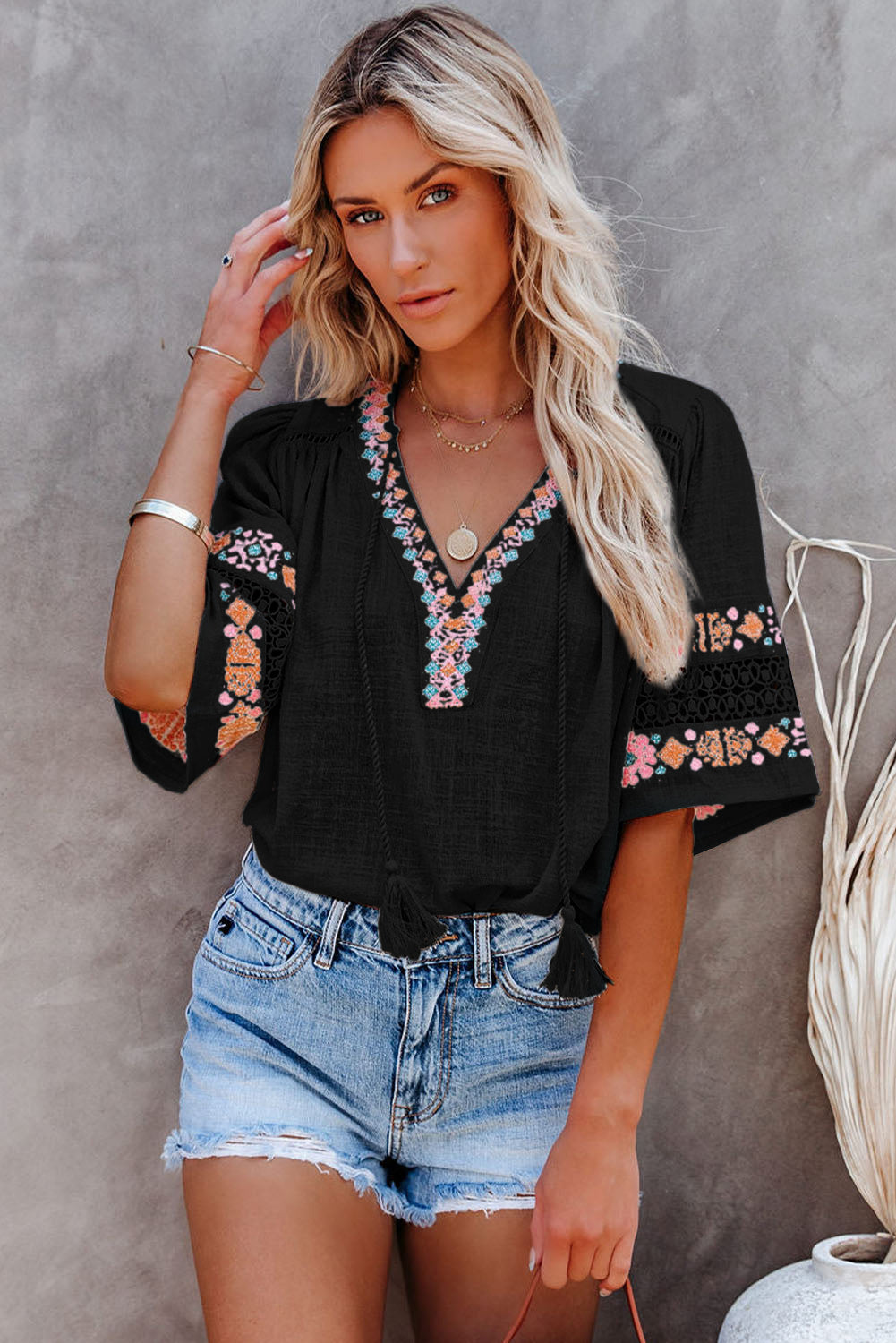 Tassel Drawstring Embroidered Half Sleeve V Neck Top