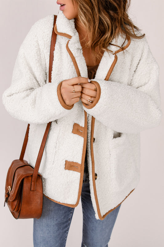 Contrast Binding Buttoned Sherpa Jacket