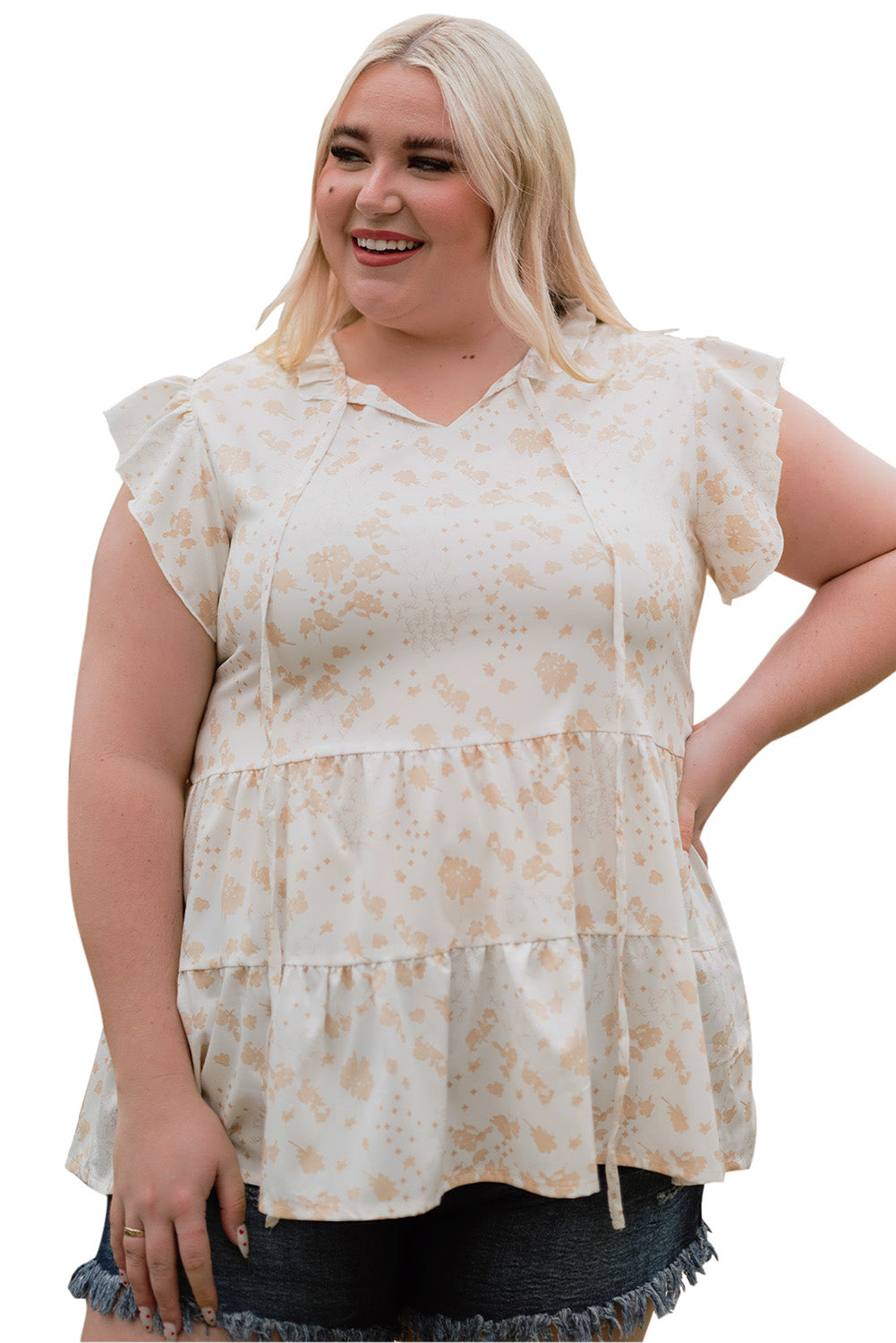 Ruffled Floral Print Plus Size Top