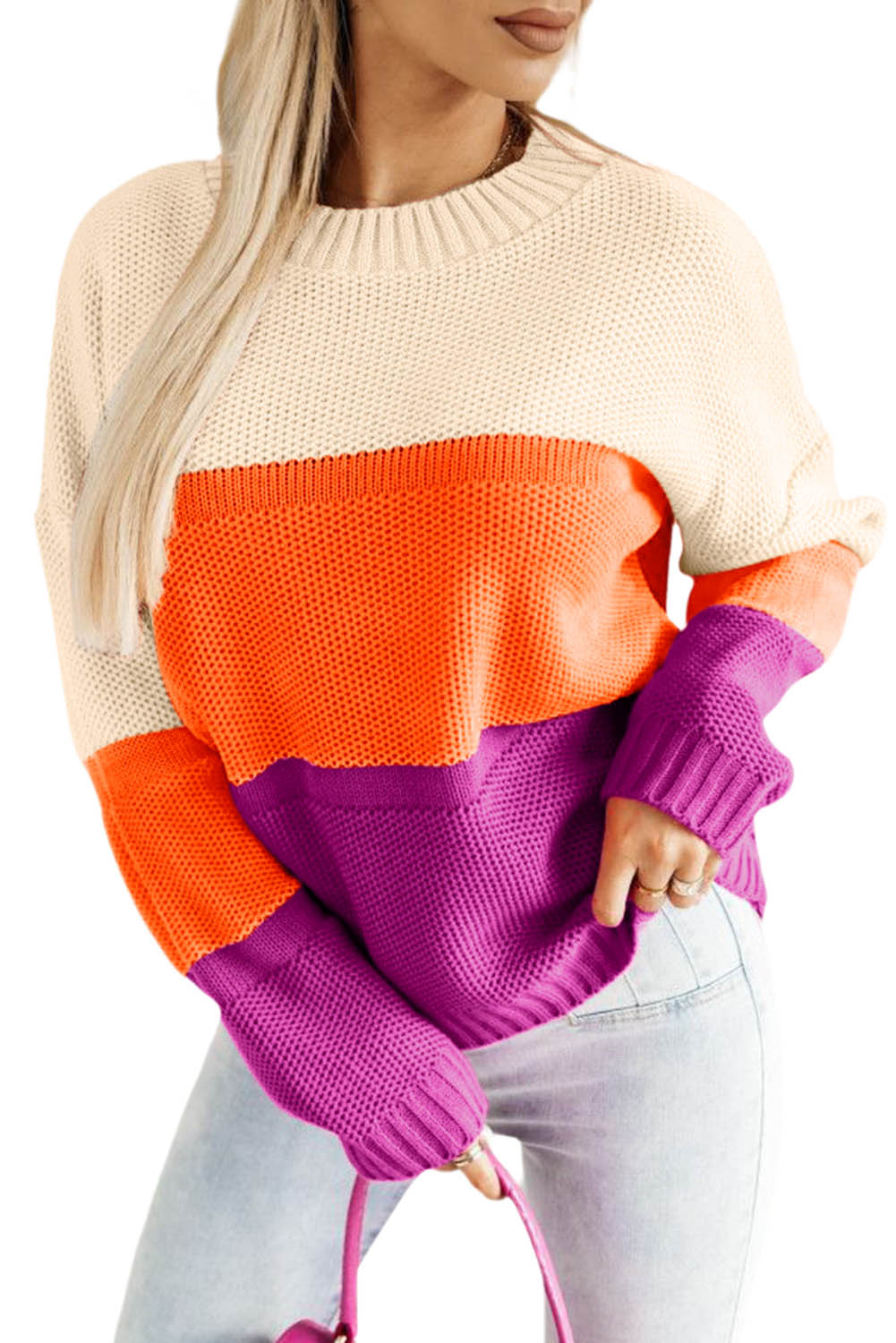 Color Block Drop Shoulder Round Neck Knit Sweater