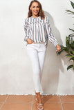 Striped Colorblock Puff Sleeve Frilled Neck Blouse