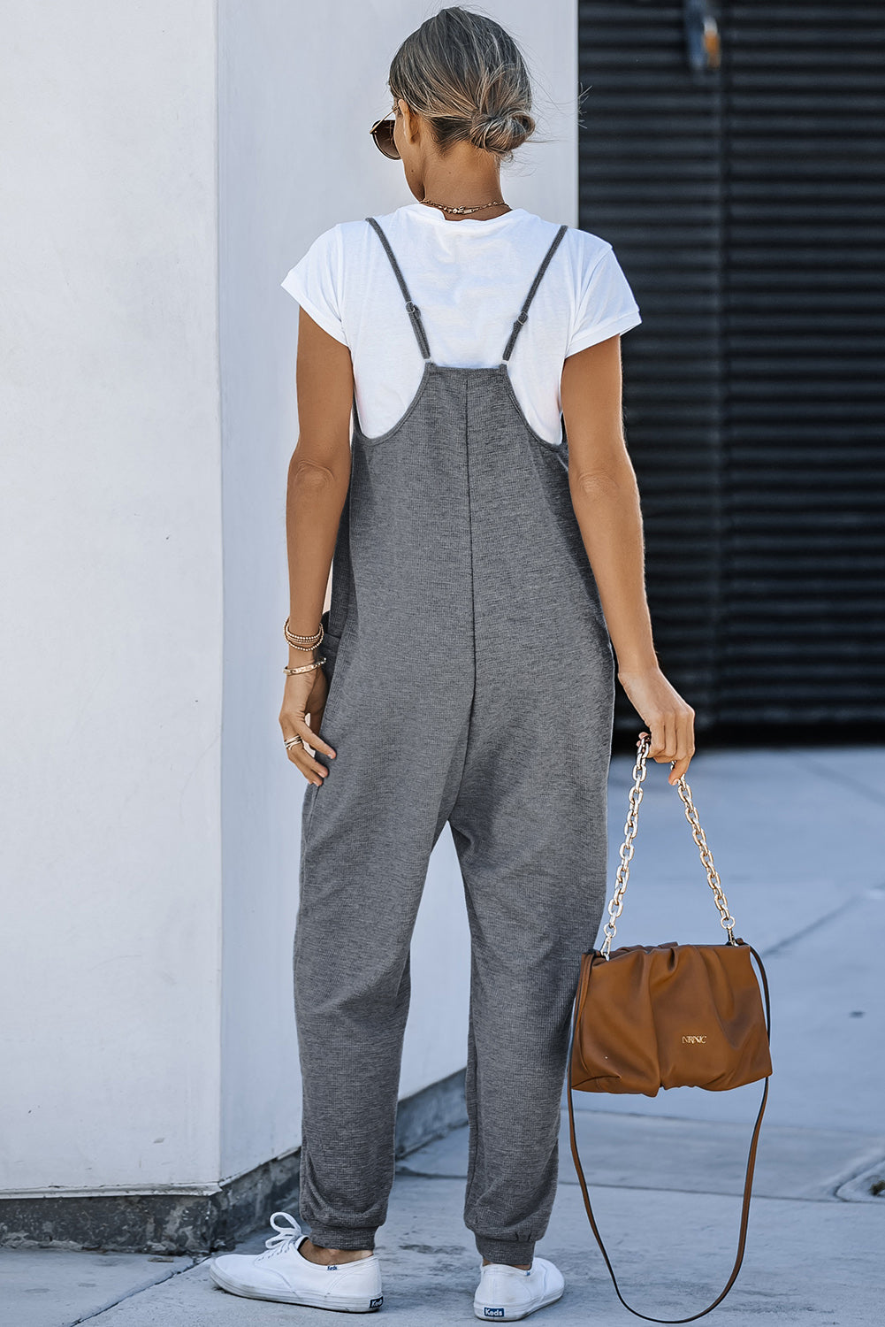 Textured Sleeveless V-Neck Pocketed Casual Jumpsuit