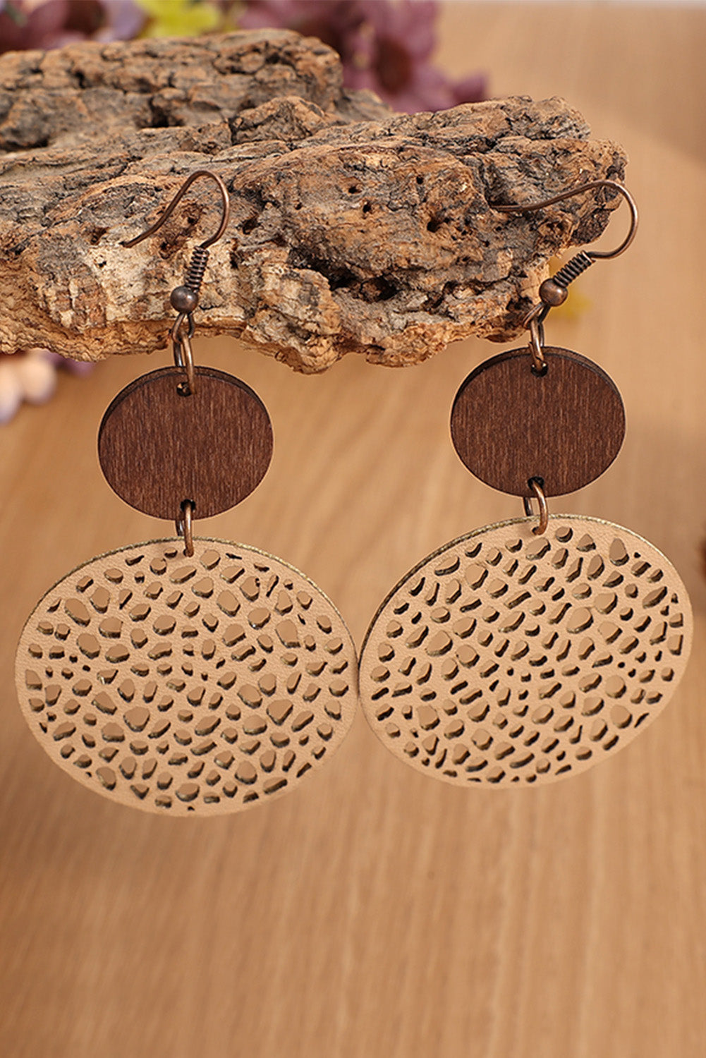 Hollow Out Wooden Round Drop Earrings