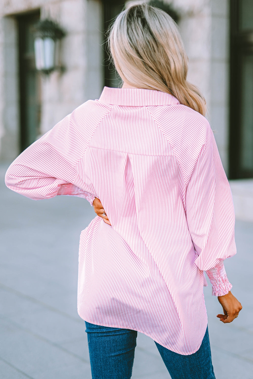 Smocked Cuffed Striped Boyfriend Shirt with Pocket