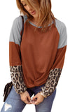 Leopard Long Sleeve Waffle Knit Blouse with Twist Knot