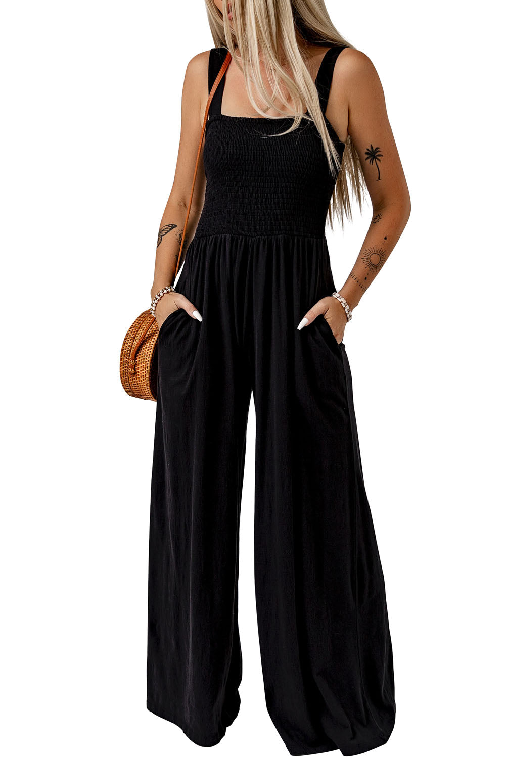 Smocked Square Neck Long Sleeve Wide Leg Jumpsuit