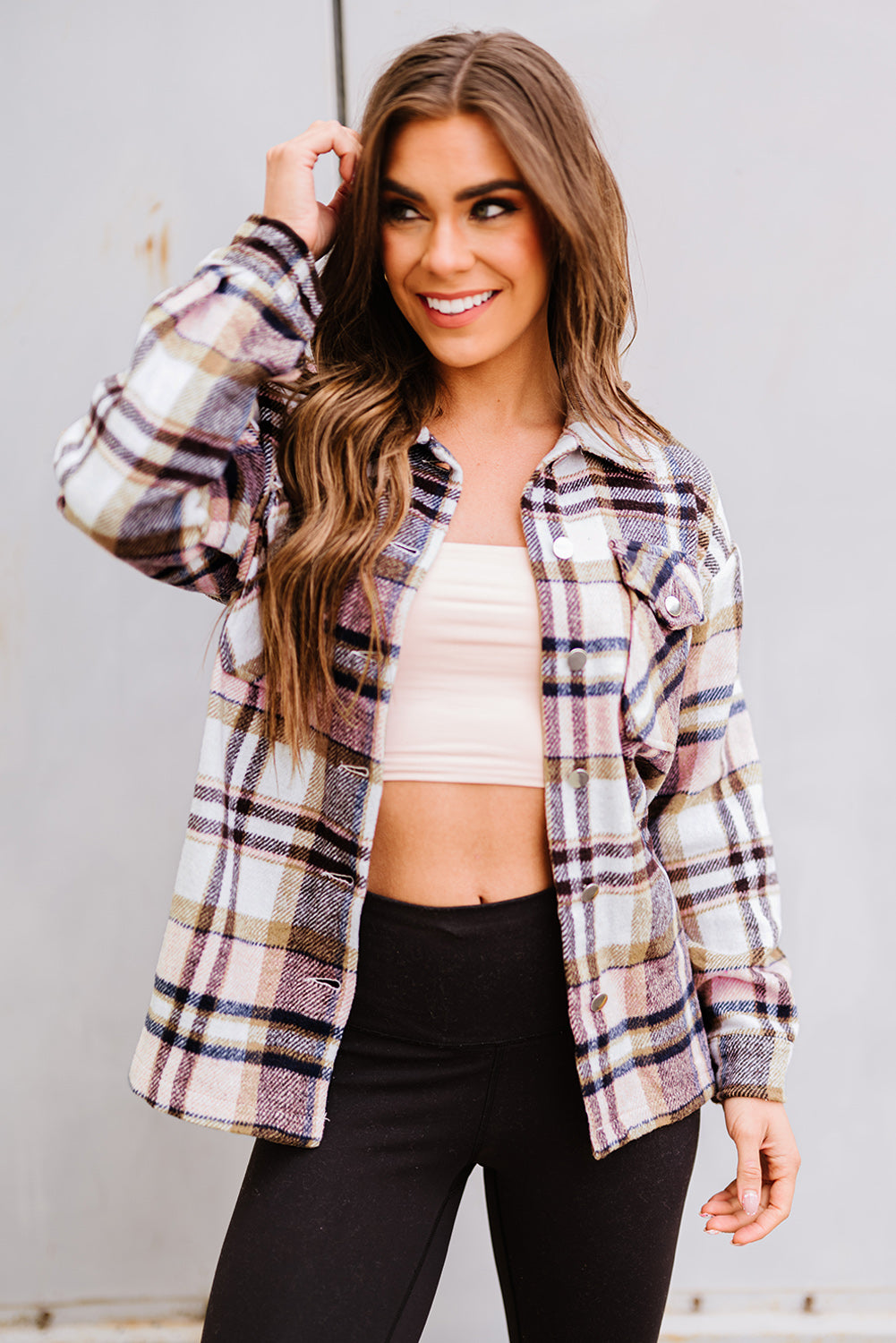 Geometric Plaid Print Pocketed Shacket