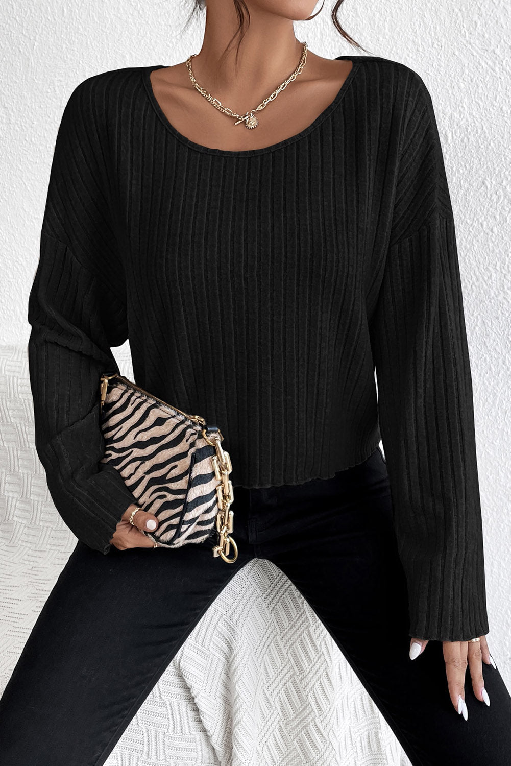 Lettuce Cuffs Drop Shoulder Loose Ribbed Knit Top